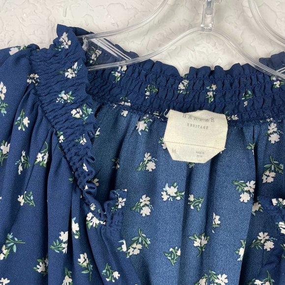 HARPER HERITAGE Womens M Blue Floral Smocked V-Neck Peasant Boho Blouse - Picture 3 of 10